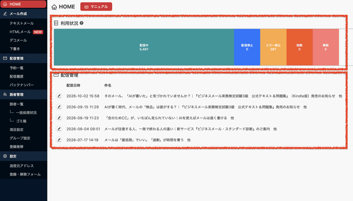 アイ・メールの管理画面。左にメニュー、右に利用状況と配信の一覧が表示されている